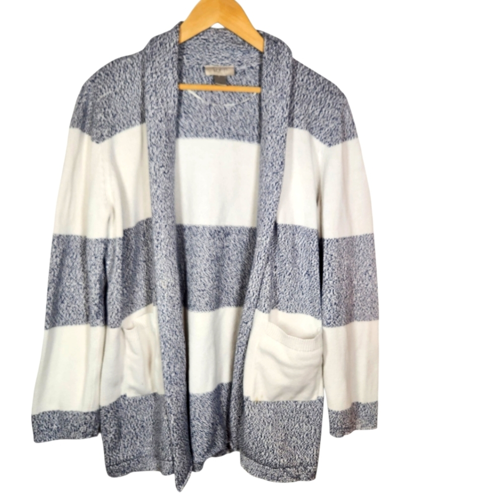 Loft Striped Cardigan Sweater Navy Blue White Chunky Slouchy‎ Nautical Preppy XL